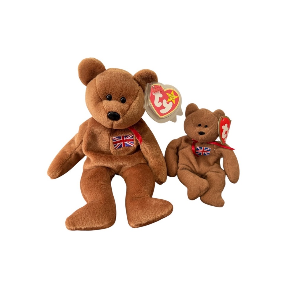 Ty Britannia Beanie Baby Bear Union Jack England Retired 1997 Plush Set Brown